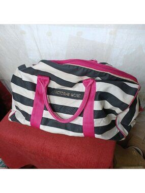 Victorias Secret Stripe Black White Pink Shoulder Travel Gym Duffel Carry On Bag